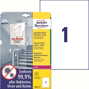 Avery antimicrobiële labels 210 x 297 wit mm, 10 stuks.